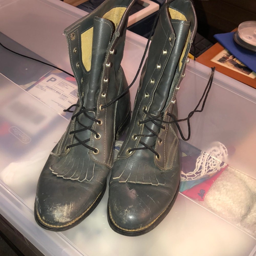 Gray mid calf army combat boots